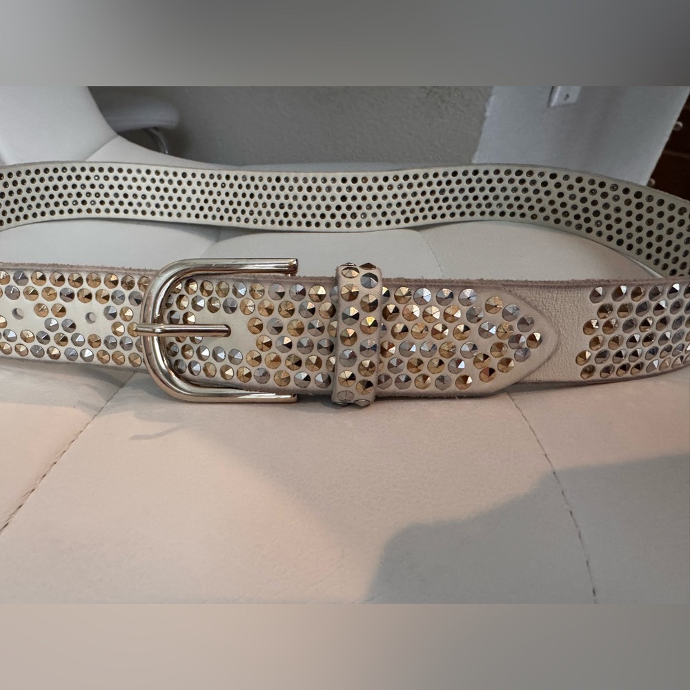 Amsterdam Heritage Studded White Leather Belt with Silver Hardware
